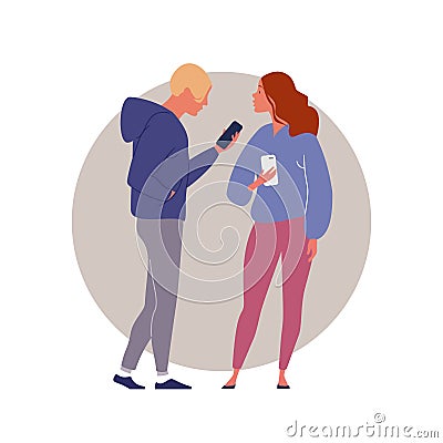 Guy in hoodie and girl in oversized sweater hold their smartphones in their hands and discuss news from the Internet. Vector flat Vector Illustration